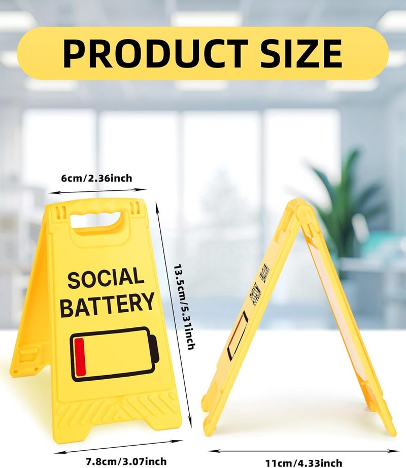 EXUBERIUM No Social Battery Funny Desk Sign Yellow Warning Style Acrylic Table Decor Gift for Coworkers Friends Home Office Workspace Tabletop Cubicle Phone Holder Mirror Stand - Image 2